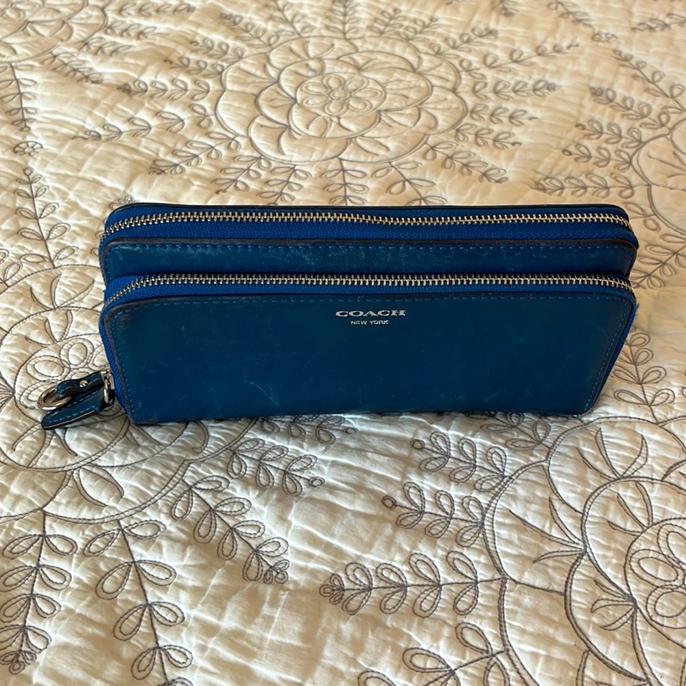 Coach blue leather wallet. 8”x4”.